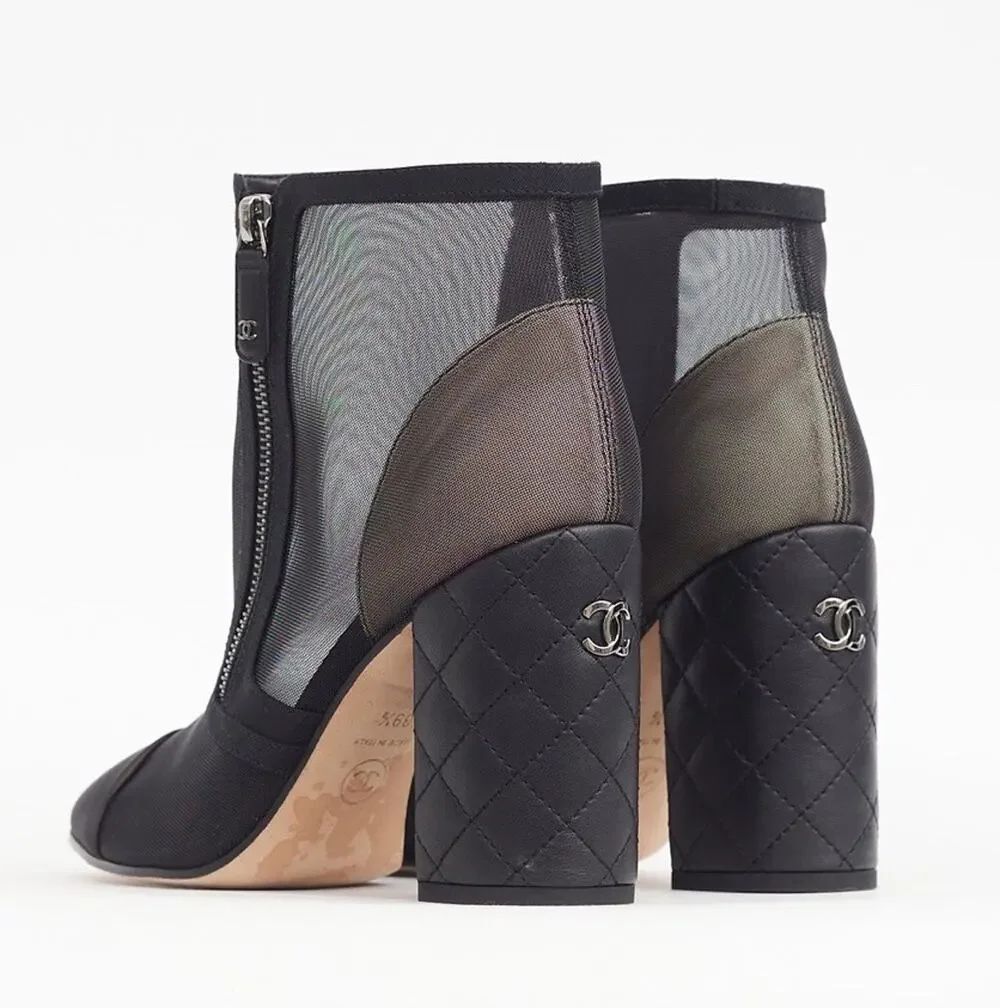 Chanel Cruise 2020 Mesh Quilted CC Ankle Boots Black Beige EU 41 US 10